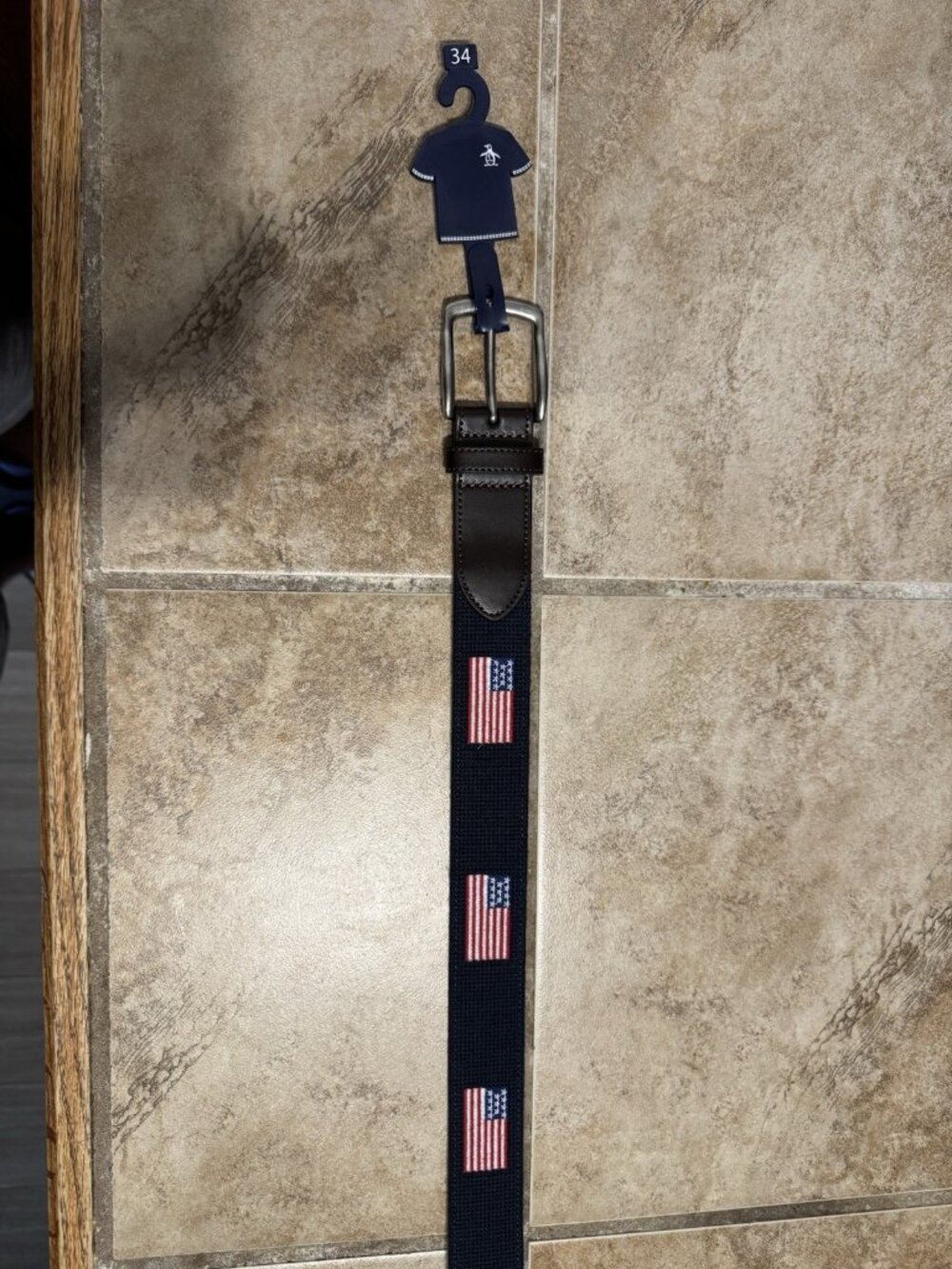 Original Penguin Needlepoint Belt Men's 34 American Flag Leather NWT $60